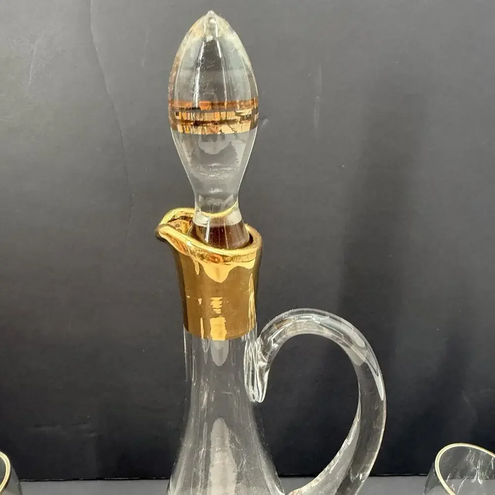 Vintage Barware Rumania Romania Gold Trim Crystal Decanter & 4 Wine Glasses